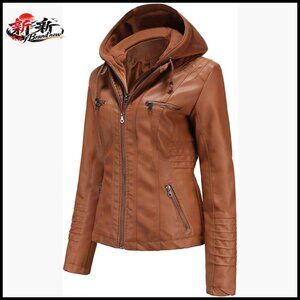 Faux Leather Motorcycle Jacket with Removable Hood Plus Size